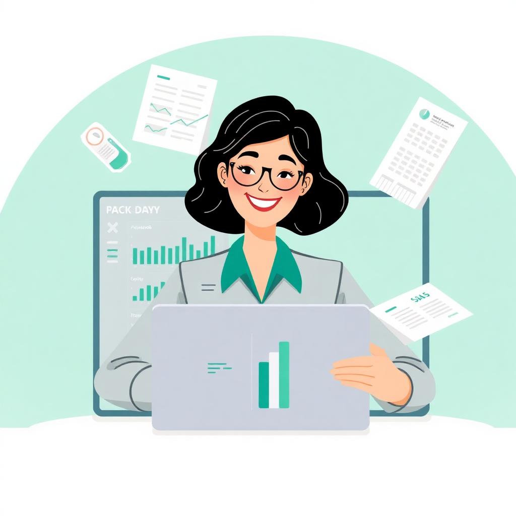 Contadora analisando dashboard financeiro com gráficos e documentos